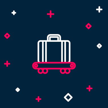 Hat Havalimanı taşıyıcı bandı, mavi arka planda izole edilmiş bavul, çanta, bagaj ikonu. Renkli taslak konsepti. Vektör