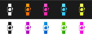 Smart evini akıllı saat simgesiyle siyah ve beyaz arkaplanda izole et. Uzaktan kumanda. Vektör