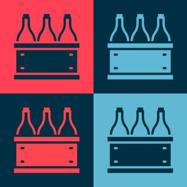 Renkli arka planda izole edilmiş ahşap bir kutuda şarap şişeleri. Tahta bir sandıkta şarap şişeleri. Vektör