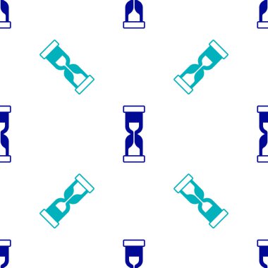 Akan kum ikonuna sahip mavi kum saati beyaz arka planda izole edilmiş pürüzsüz desen. Kum saati işareti. İş ve zaman yönetimi kavramı. Vektör