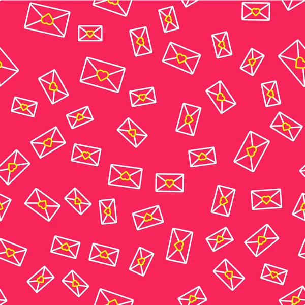 Line Envelop met Valentine hart pictogram geïsoleerd naadloos patroon op rode achtergrond. Boodschap liefde. Brief liefde en romantiek. Vector — Stockvector