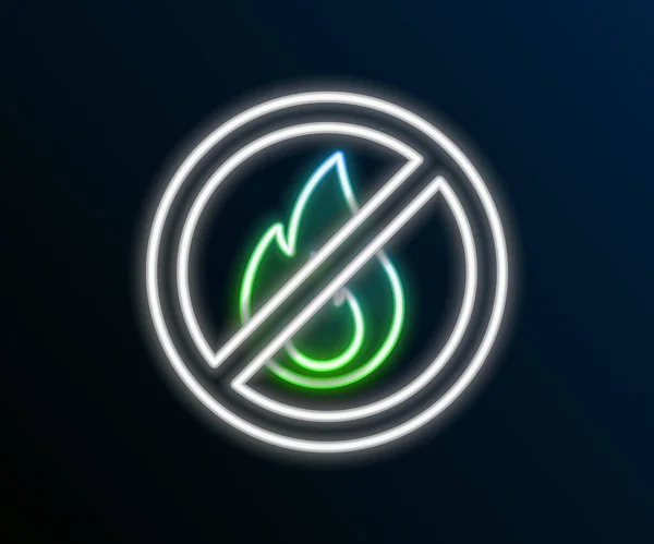 Línea de neón brillante No hay icono de fuego aislado sobre fondo negro. Prohibición de fuego y prohibido. Concepto de esquema colorido. Vector — Vector de stock