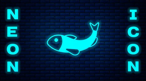 Leuchtendes neonfarbenes Trockenfisch-Symbol isoliert auf Backsteinwand-Hintergrund. Vektor — Stockvektor