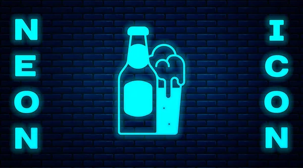Gloeiend neon Bier fles en glas pictogram geïsoleerd op baksteen muur achtergrond. Alcohol Drink symbool. Vector — Stockvector