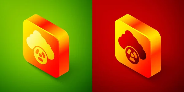 Isometric Acid rain and radioactive cloud icon isolated on green and red background. "Effects of toxic air pollution on the environment". Bouton carré. Vecteur — Image vectorielle
