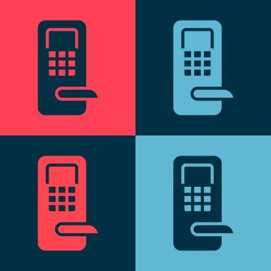 Pop Art Dijital kapı kilidi kablosuz kablosuz teknolojiyle renk arkaplanda izole edilmiş ikonu açmak için. Kapı kolu tabelası. Güvenlik akıllı ev. Vektör