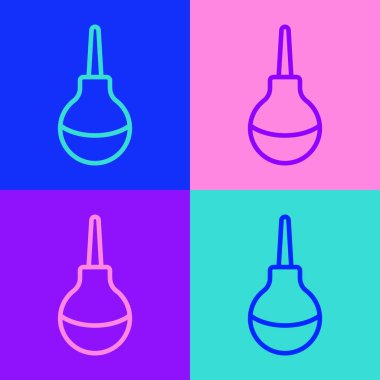 Pop sanat çizgisi Enema simgesi renk arkaplanında izole edildi. Plastik uçlu bir düşman. Tıbbi armut. Vektör