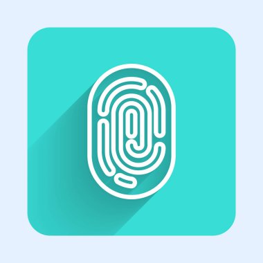 Beyaz çizgi parmak izi simgesi uzun gölgeli izole edilmiş. Kimlik uygulaması simgesi. Kimlik işareti. Kimliğe dokun. Yeşil kare düğmesi. Vektör