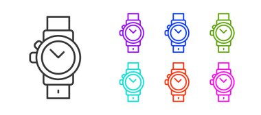 Siyah çizgi bilek saat simgesi beyaz arkaplanda izole edildi. Kol saati simgesi. Simgeleri renklendirin. Vektör