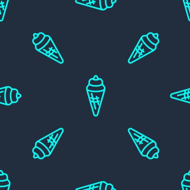 Yeşil çizgi dondurma, waffle konisi ikonu, mavi arkaplanda izole edilmiş, pürüzsüz desen. Güzel sembol. Vektör