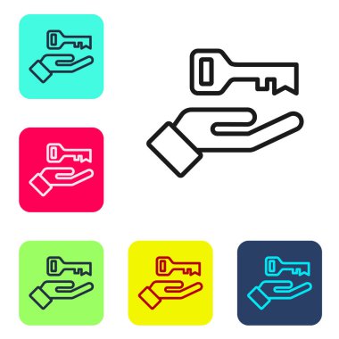 Psikoloji ikonundaki soruna siyah çizgi çözümü beyaz arka planda izole edildi. Anahtar. Akıl sağlığı terapisi. Renkli kare düğmelerle simgeleri ayarla. Vektör