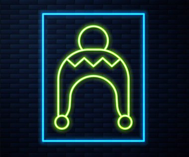 Parlayan neon hattı, duvarda izole edilmiş kış şapkası ikonu. Vektör