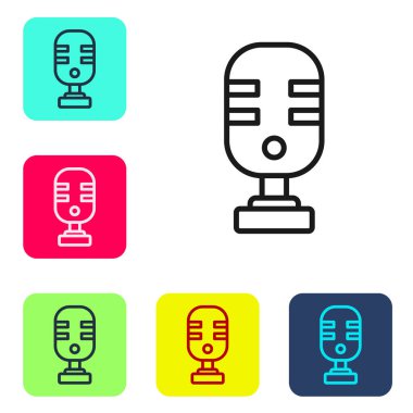 Siyah çizgi mikrofon simgesi beyaz arkaplanda izole edildi. Radyodaki mikrofondan. Sözcü işareti. Renkli kare düğmelerle simgeleri ayarla. Vektör