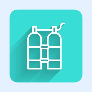 Beyaz çizgi Aqualung simgesi uzun gölge arkaplanı ile izole edildi. Dalgıçlar için oksijen tüpü. Dalış ekipmanları. Olağanüstü bir spor. Su altı ekipmanları. Yeşil kare düğmesi. Vektör