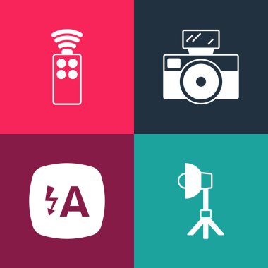 Pop sanat Softbox ışığı, otomatik flaş, fotoğraf makinesi ve simge için uzaktan kumandayı ayarla. Vektör