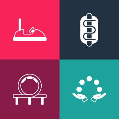 Pop Art Hokkabazlık Topu, Hız treni, Hotdog sandviçi ve Tampon araba ikonu. Vektör