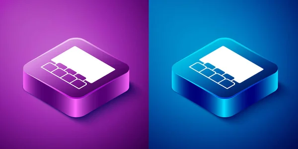 Isometric Cinema auditorium with screen icon isolated on blue and purple background. Square button. Vector — Stock Vector