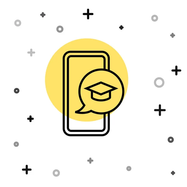 Μαύρη γραμμή Καπάκι αποφοίτησης στην οθόνη του smartphone εικονίδιο απομονώνονται σε λευκό φόντο. Online μάθηση ή e-learning έννοια. Τυχαία δυναμικά σχήματα. Διάνυσμα — Διανυσματικό Αρχείο
