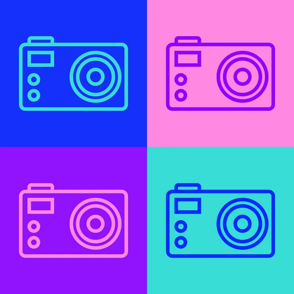 Pop art line Ikona fotoaparátu izolované na barevném pozadí. Fotoaparát. Digitální fotografie. Vektor — Stockový vektor