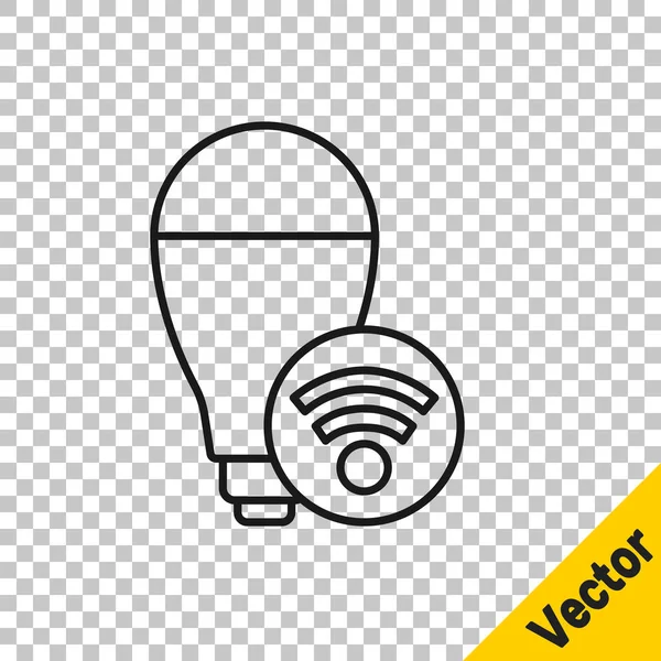 Schwarze Linie Smart Glühbirnen-System-Symbol isoliert auf transparentem Hintergrund. Energie und Ideensymbolik. Konzept Internet der Dinge mit drahtloser Verbindung. Vektor — Stockvektor