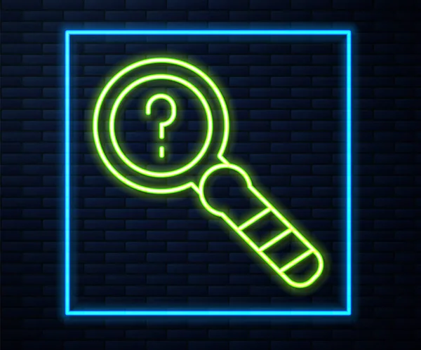 Glödande neon line Okänd sökning ikon isolerad på tegel vägg bakgrund. Förstoringsglas och frågetecken. Vektor — Stock vektor