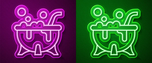 Parlayan neon hattı cadılar bayramı cadı kazanı ikonu mor ve yeşil arka planda izole edilmiş. Mutlu Cadılar Bayramı Partisi. Vektör