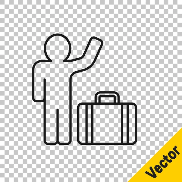 Şeffaf arkaplanda bavul simgesi olan siyah çizgi turisti. Seyahat, tatil, turizm. Vektör — Stok Vektör