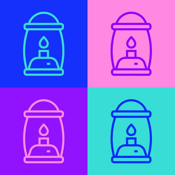 Pop art line Camping lantern icon isolated on color background. Vector — Stock Vector