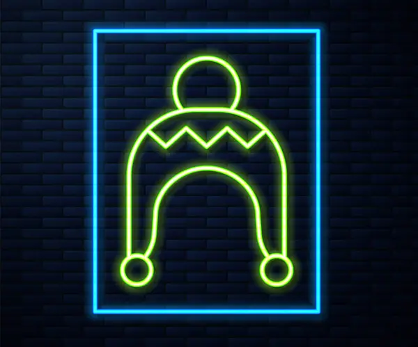 Gloeiende neon lijn Winter hoed pictogram geïsoleerd op baksteen muur achtergrond. Vector — Stockvector