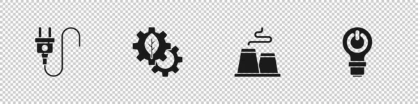 Set elektrische Stecker, Blatt Pflanze in Getriebe Maschine, Fabrik und Glühbirne mit Blitz-Symbol. Vektor — Stockvektor