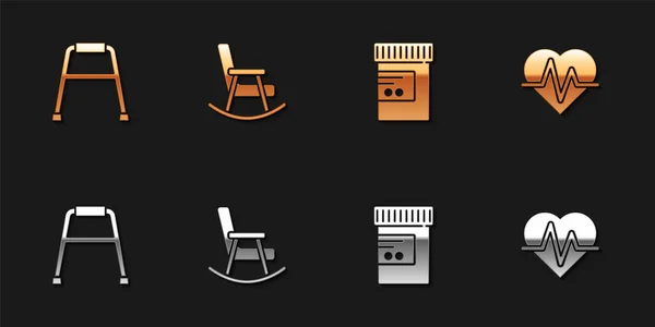 Set Walker, Rocking chair, Medicine bottle and pills and Heart rate icon. Vector — Archivo Imágenes Vectoriales