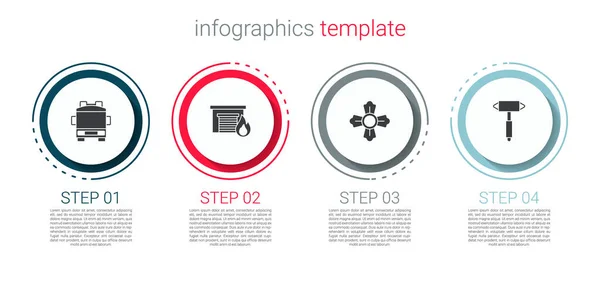 Ustaw wóz strażacki, w płonącym garażu, Strażak i siekiera. Szablon infograficzny biznesu. Wektor — Wektor stockowy
