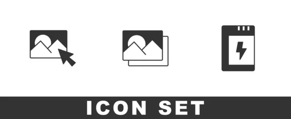 Set Photo retouching, frame and Battery for camera icon. Vector — ストックベクタ