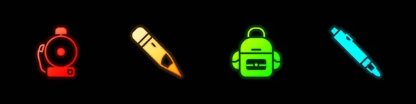 Set Ringing alarm bell, Pencil with eraser, School backpack and Marker pen icon. Vector — ストックベクタ