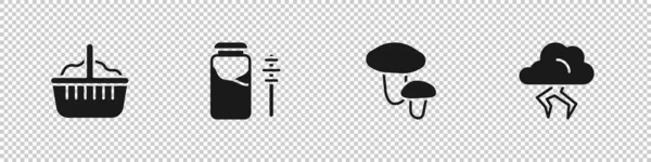 Set Košík, Jar medu a dipper hůl, Houba a ikona Storm. Vektor — Stockový vektor