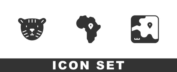 Állítsa Tigris fejét, Afrika térképe és szafari térkép ikon. Vektor — Stock Vector