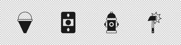 Set Fire cone bucket, alarm system, hydrant and Firefighter axe icon. Vector — ストックベクタ
