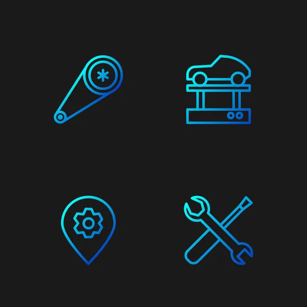Set line Screwdriver and wrench spanner, Location with car service, Timing belt kit and Repair lift. Gradient color icons. Vector — стоковый вектор