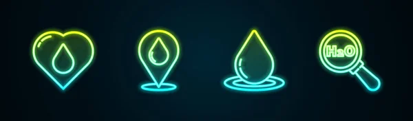 물 드롭, 물의 위치, 그리고 H2O 를 위한 화학 공식으로 심장 라인을 세운다. 네온을 파는 아이콘이지. Vector — 스톡 벡터