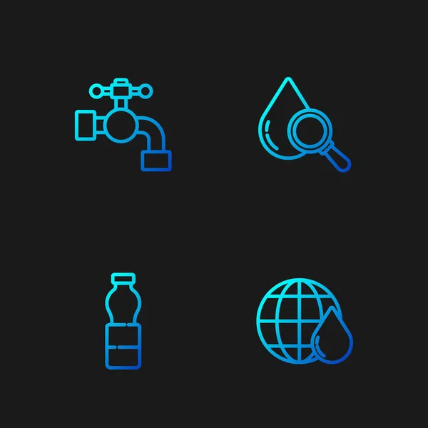 Set line Earth planet in water drop, Bottle of, Water tap and Drop and magnifying glass. Gradient color icons. Vector —  Vetores de Stock