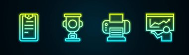 Satır panosunu kontrol listesi, ödül kupası, yazıcı ve eğitim, sunum ile ayarla. Parlayan neon ikonu. Vektör