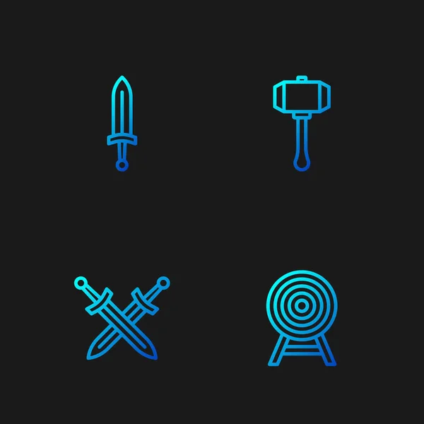 Set line Target with arrow, Crossed medieval sword, Medieval and Hammer. Gradient color icons. Vector — Vetor de Stock