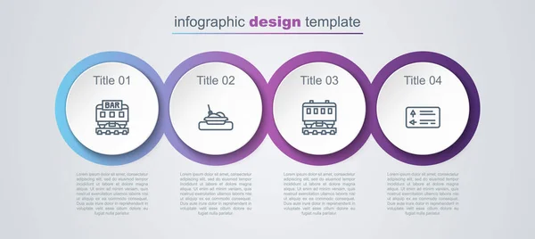 Állítsa be a vonal Étterem vonat, tányér étellel, Személyautók és közúti közlekedési jelzőtábla. Üzleti infografikai sablon. Vektor — Stock Vector