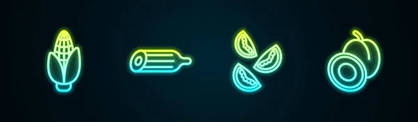 Ustaw linię kukurydzy, świeże ogórki, pomidory i owoce śliwki. Świecąca neonowa ikona. Wektor — Wektor stockowy
