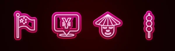 Set line China flag on flagpole, Chinese Yuan currency, man and Meatballs wooden stick. Glowing neon icon. Vector — Vetor de Stock