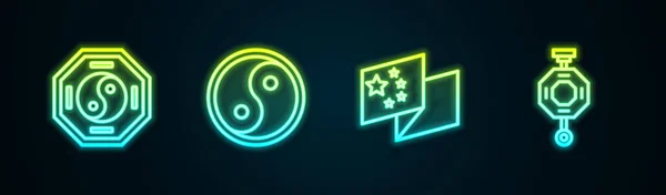 Set line Yin Yang, , China flag and Chinese paper lantern. Glowing neon icon. Vector — Vetor de Stock
