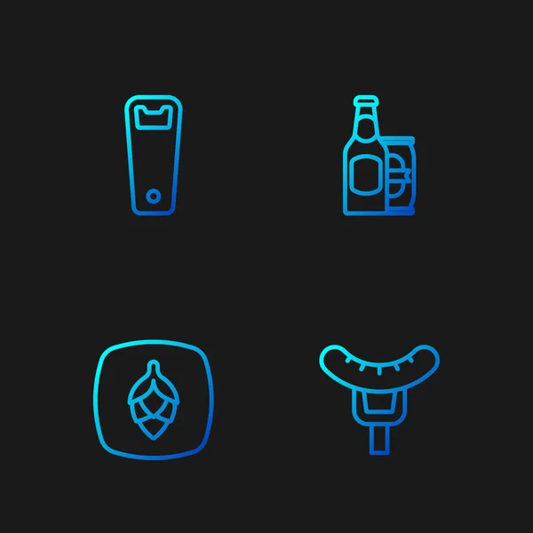 Set line Sausage on the fork, Hop, Bottle opener and Beer bottle and beer can. Gradient color icons. Vector — Vector de stock