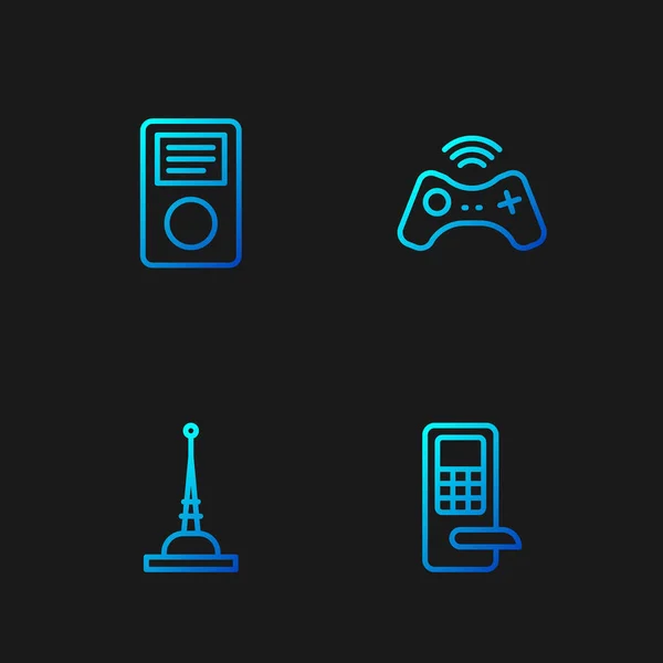 Set line Digitální dveřní zámek, Anténa, Hudební přehrávač a Wireless gamepad. Barevné ikony přechodu. Vektor — Stockový vektor