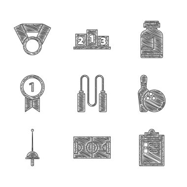 Atlama halatı, futbol ya da futbol sahası, spor antrenman programı, bovling broşu ve eskrim, madalya, spor beslenme ve ikon. Vektör