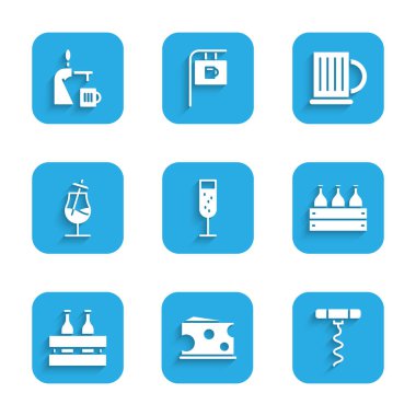 Şampanya, peynir, şarap tirbuşonu, şişe şarap ahşap kutu, paket bira şişeleri, kokteyl, tahta bardak ve cam ikonlu bira musluğu. Vektör